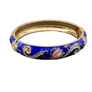Blue Enamel Cloisonne Rhinestone Lotus Hinged Bangle Bracelet